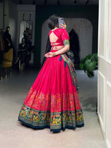 Mameraa Rani Pink Floral Lehenga Choli with Teal Banarasi Dupatta