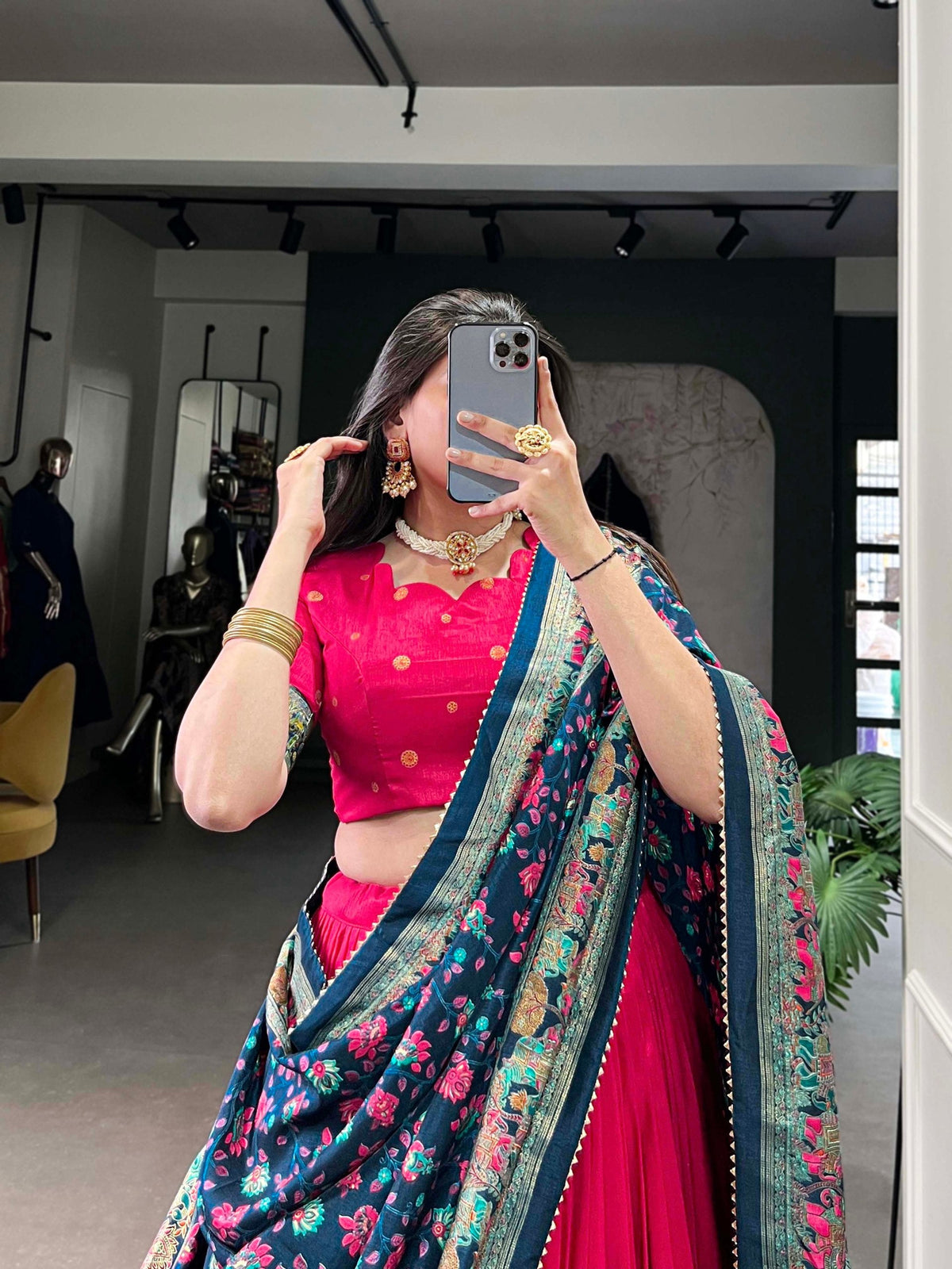 Mameraa Rani Pink Floral Lehenga Choli with Teal Banarasi Dupatta