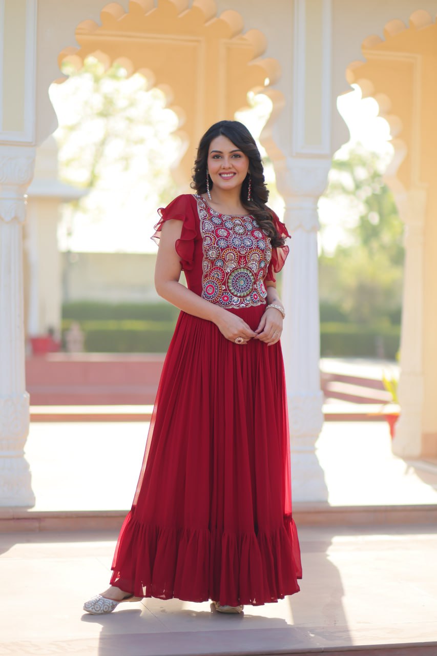 Red Faux Blooming Embroidered Gown with Beads, Sequins & Bell Sleeves – 7 Meter Flair
