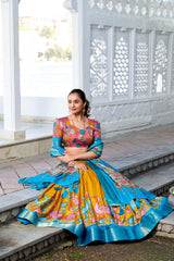 Glamgait Mustard Yellow Floral Lehenga Choli with Blue Silk Dupatta
