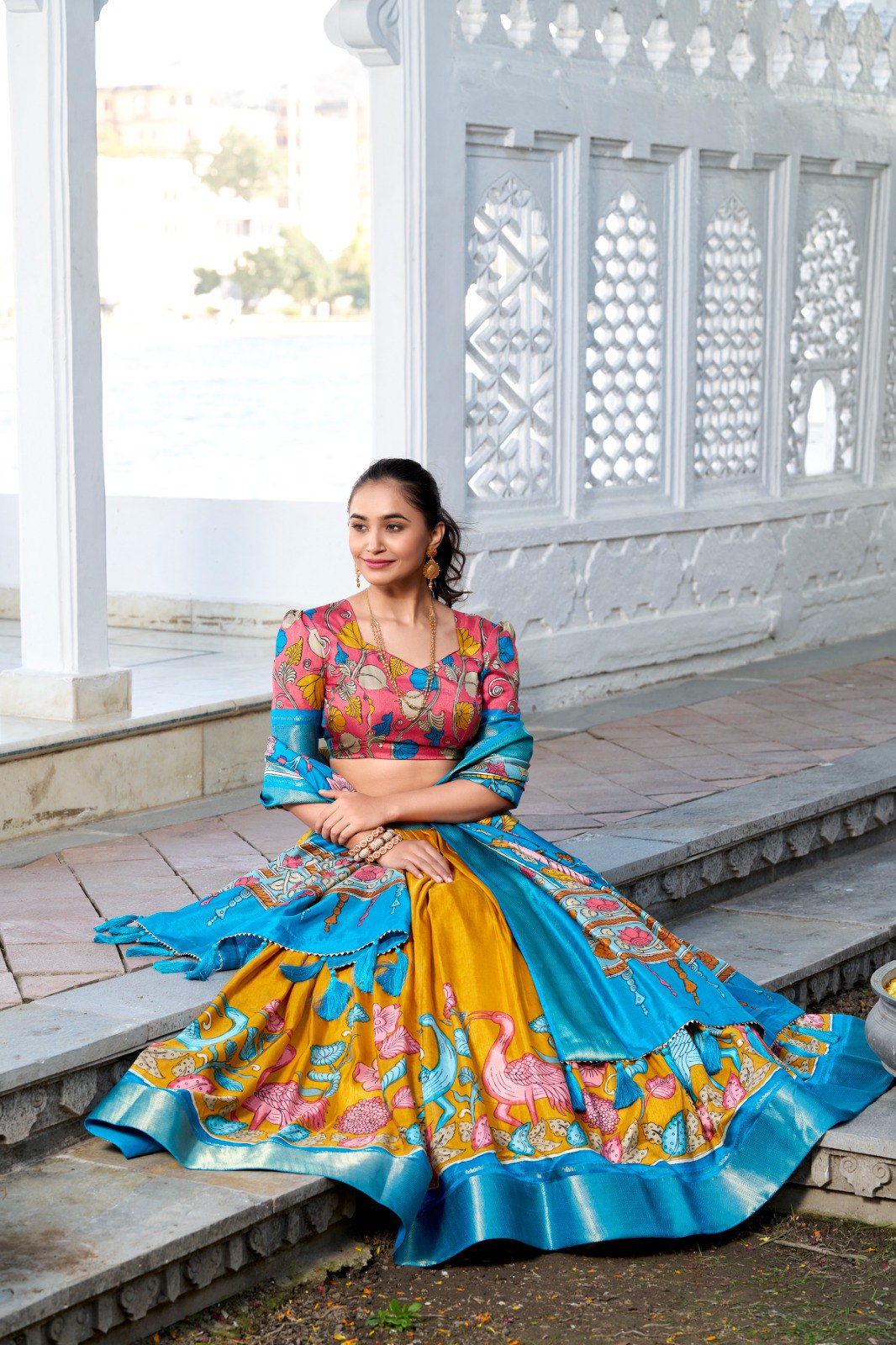 Glamgait Mustard Yellow Floral Lehenga Choli with Blue Silk Dupatta