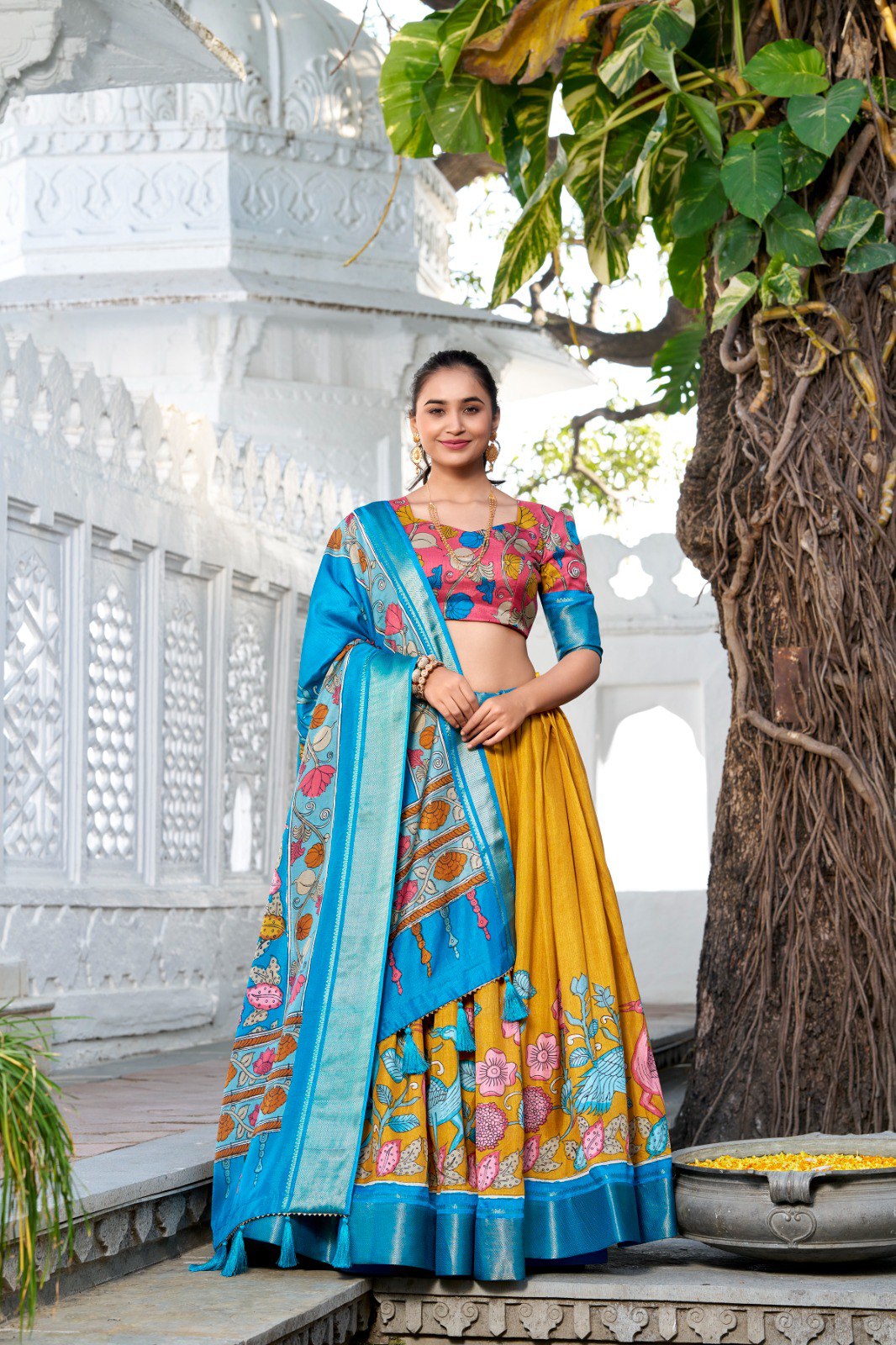 Glamgait Mustard Yellow Floral Lehenga Choli with Blue Silk Dupatta