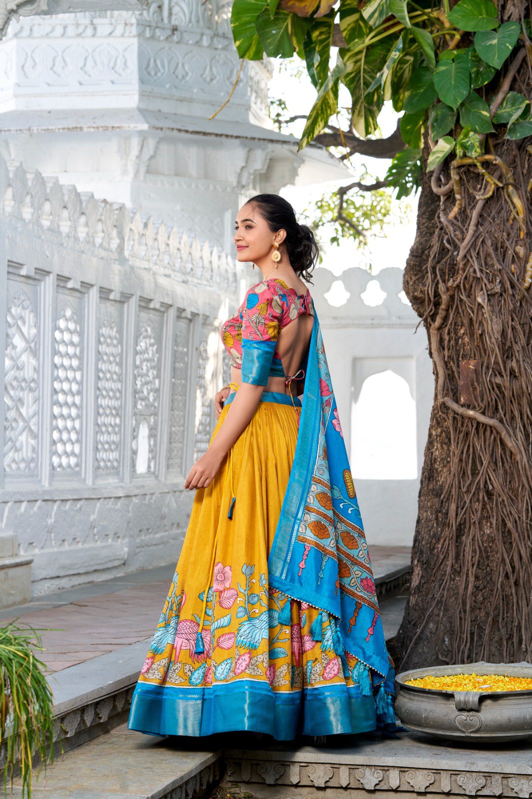Glamgait Mustard Yellow Floral Lehenga Choli with Blue Silk Dupatta