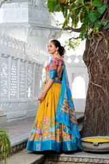 Glamgait Mustard Yellow Floral Lehenga Choli with Blue Silk Dupatta