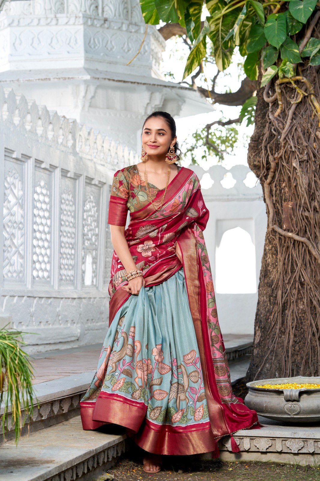 Mameraa Mustard Yellow Floral Lehenga Choli with Blue Silk Dupatta