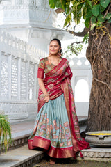 Mameraa Mustard Yellow Floral Lehenga Choli with Blue Silk Dupatta