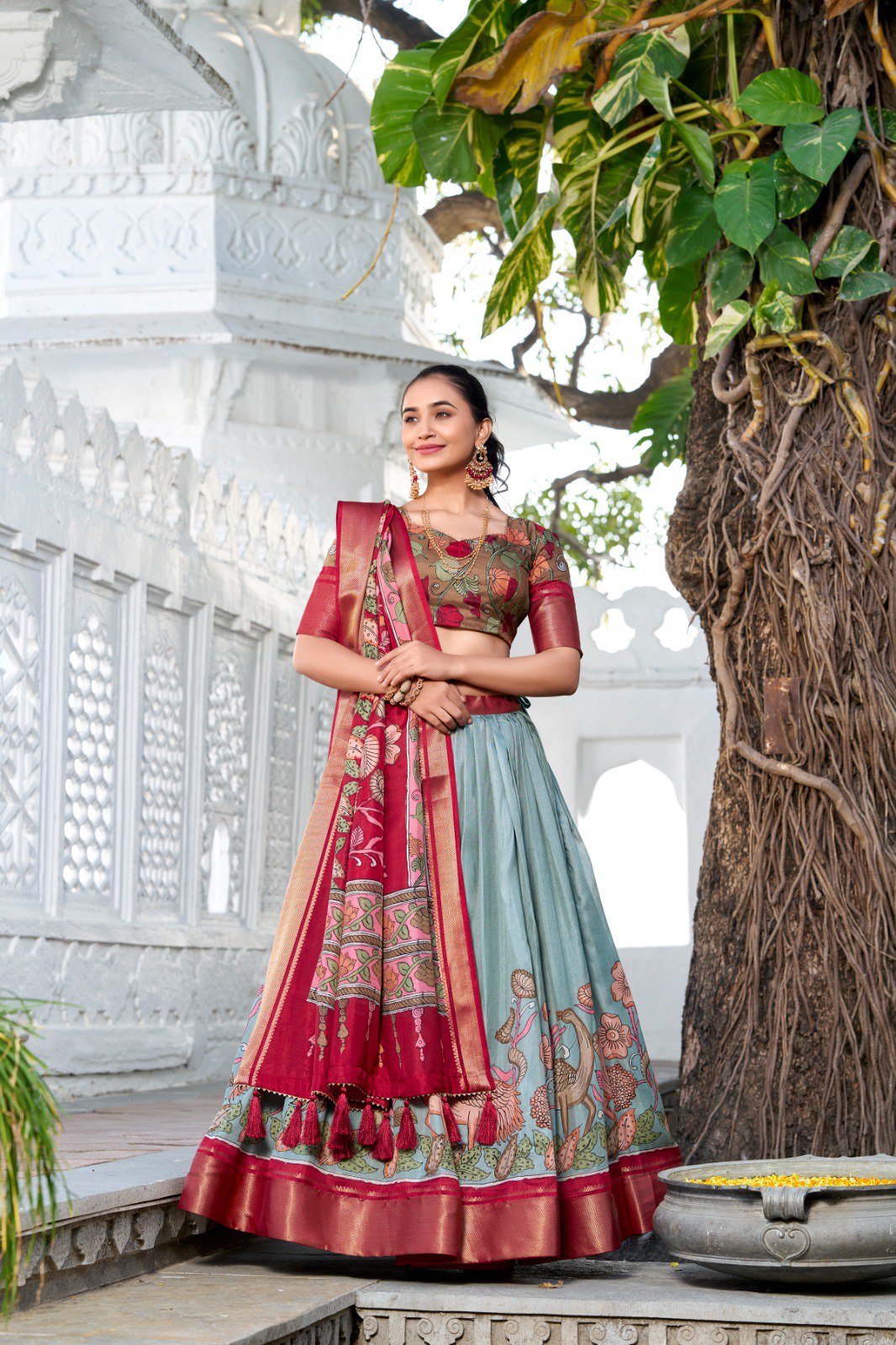 Mameraa Mustard Yellow Floral Lehenga Choli with Blue Silk Dupatta