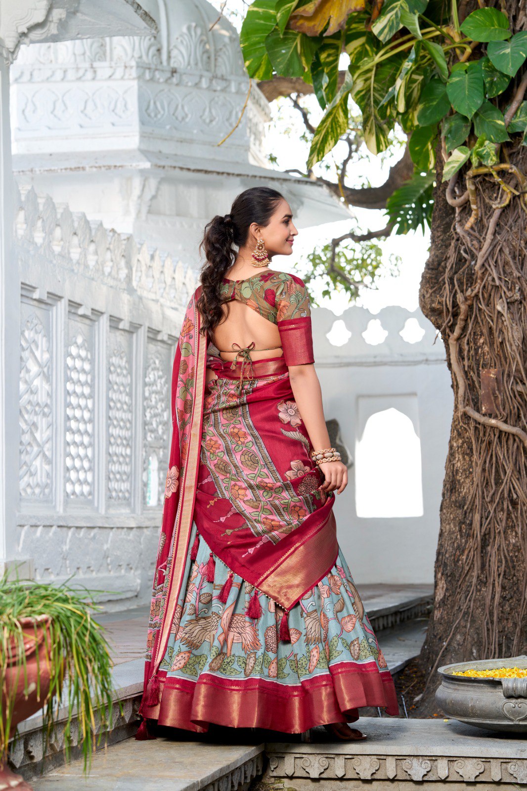 Mameraa Mustard Yellow Floral Lehenga Choli with Blue Silk Dupatta