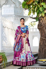 Mameraa Cream Floral Lehenga Choli with Magenta Silk Dupatta & Blue Designer Blouse