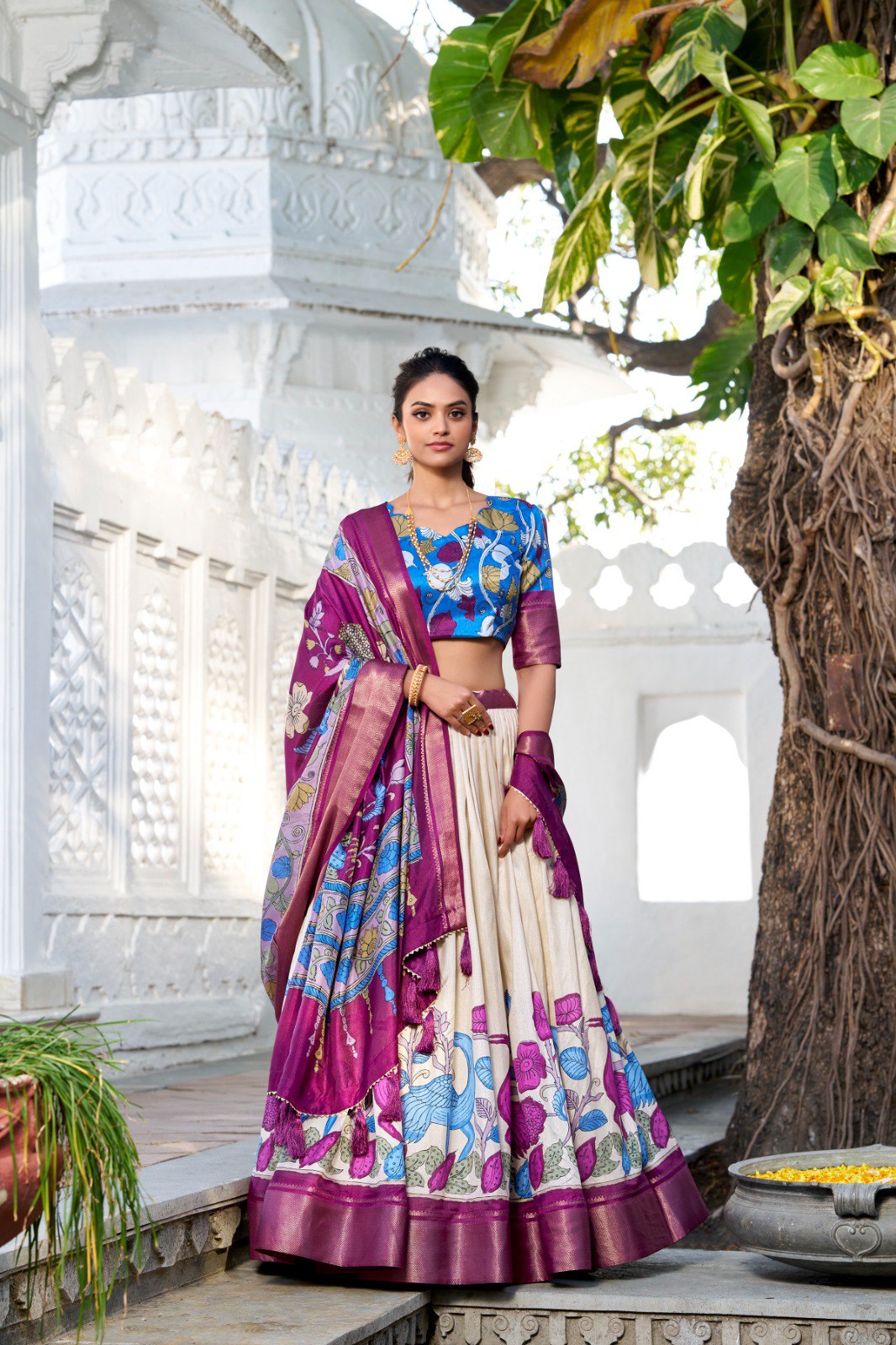 Mameraa Cream Floral Lehenga Choli with Magenta Silk Dupatta & Blue Designer Blouse