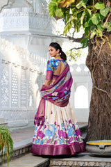 Mameraa Cream Floral Lehenga Choli with Magenta Silk Dupatta & Blue Designer Blouse