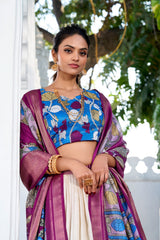 Mameraa Cream Floral Lehenga Choli with Magenta Silk Dupatta & Blue Designer Blouse