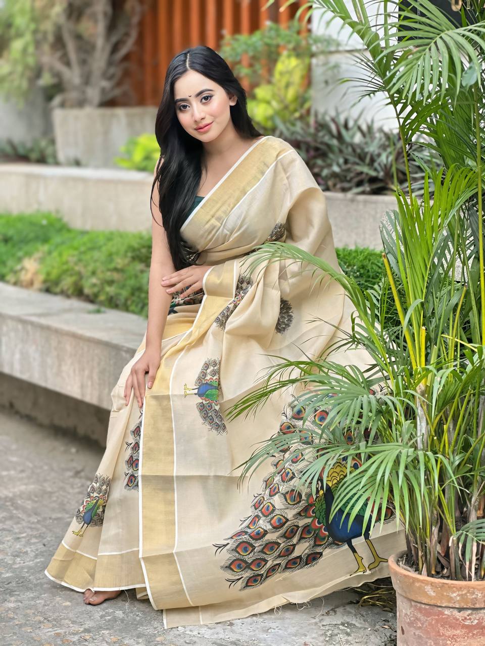 Beige Soft Banarasi Saree with Majestic Peacock Print – Elegant Traditional Wear for Women