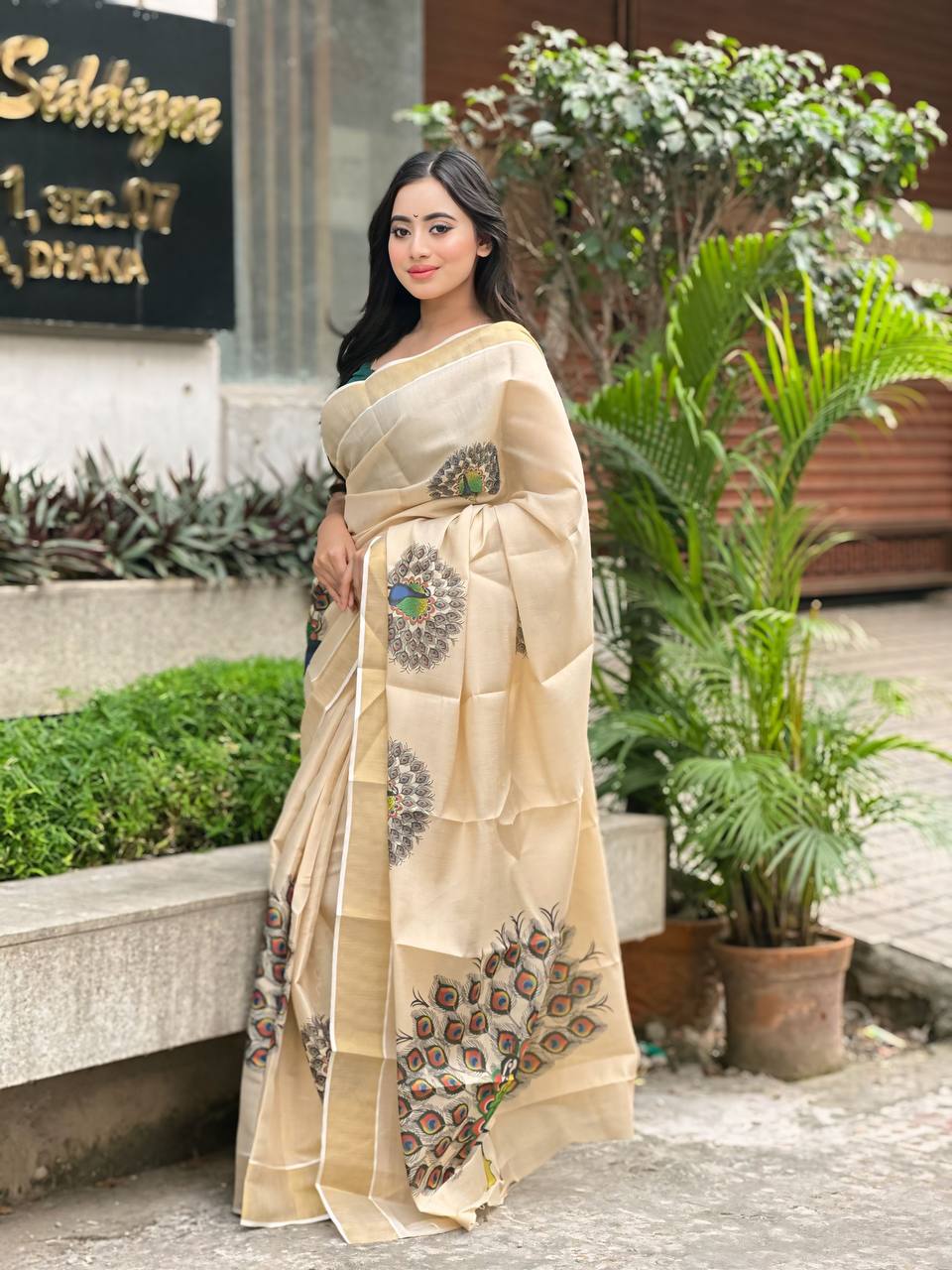 Beige Soft Banarasi Saree with Majestic Peacock Print – Elegant Traditional Wear for Women