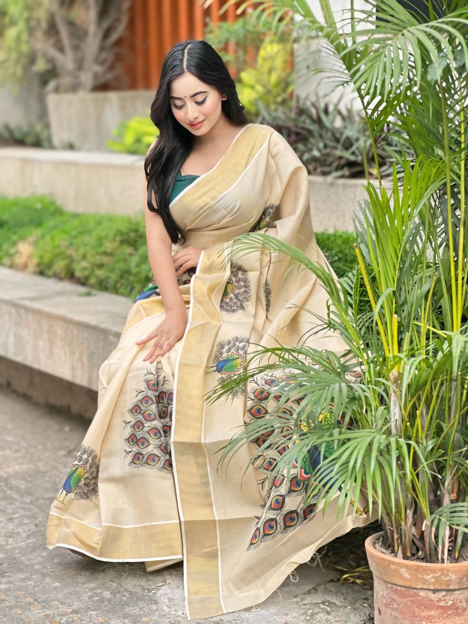 Beige Soft Banarasi Saree with Majestic Peacock Print – Elegant Traditional Wear for Women