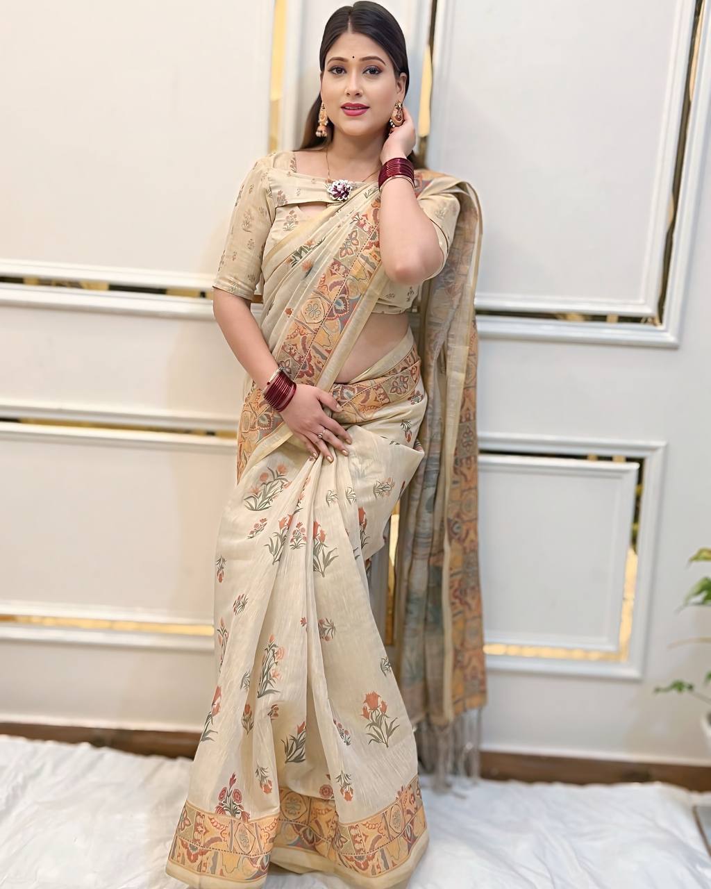 Elegant Beige Linen Saree with Traditional Madhubani-Inspired Print – Ethnic Casual & Festive Wear for Women