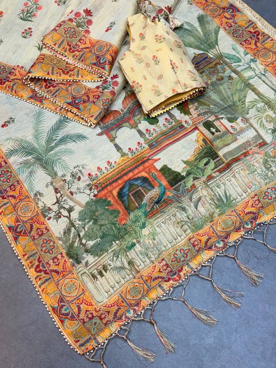 Elegant Beige Linen Saree with Traditional Madhubani-Inspired Print – Ethnic Casual & Festive Wear for Women