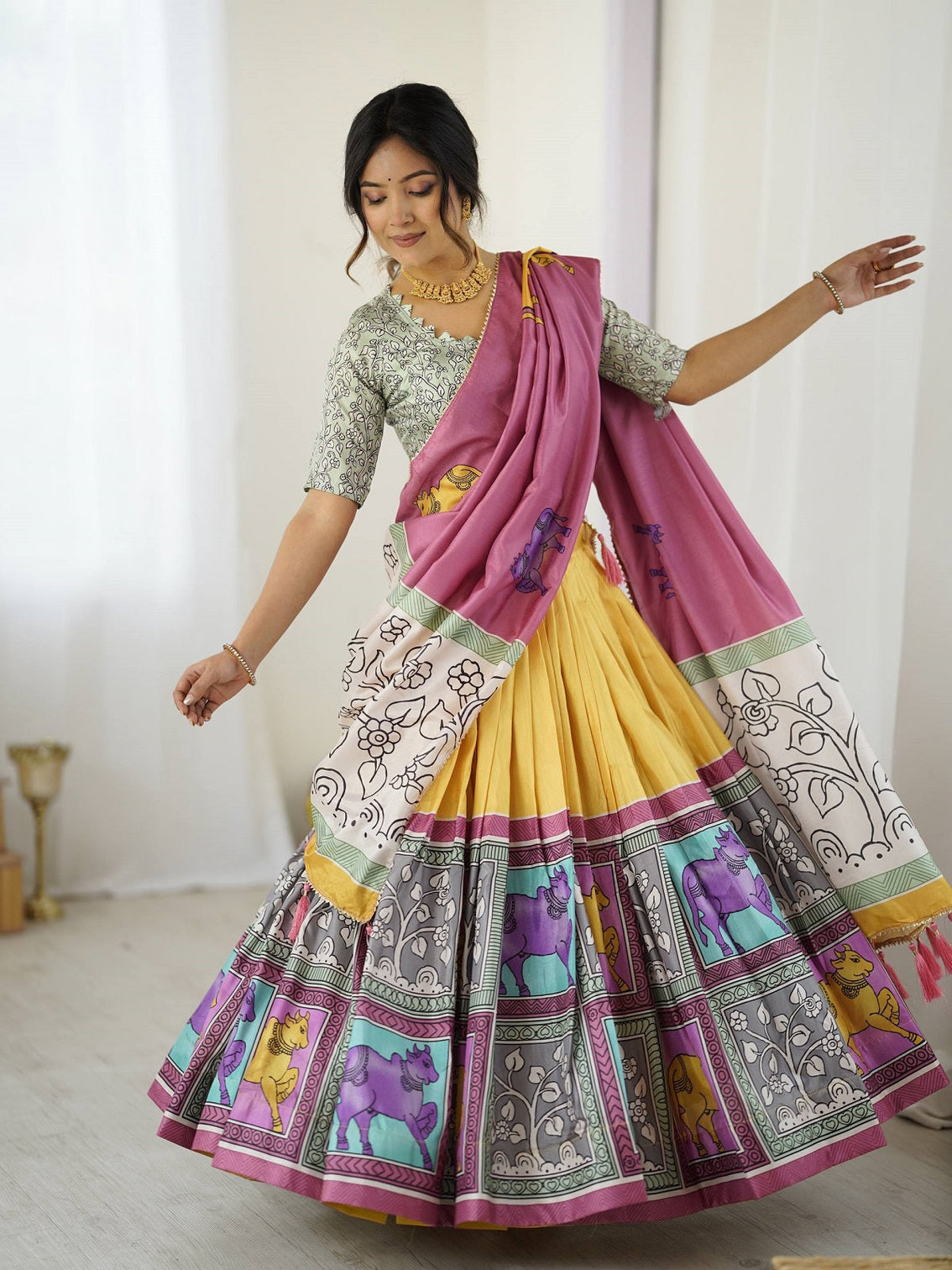 Vibrant Multicolor Handcrafted Lehenga Choli Set with Tribal Horse Print – Festive & Wedding Wear for Women