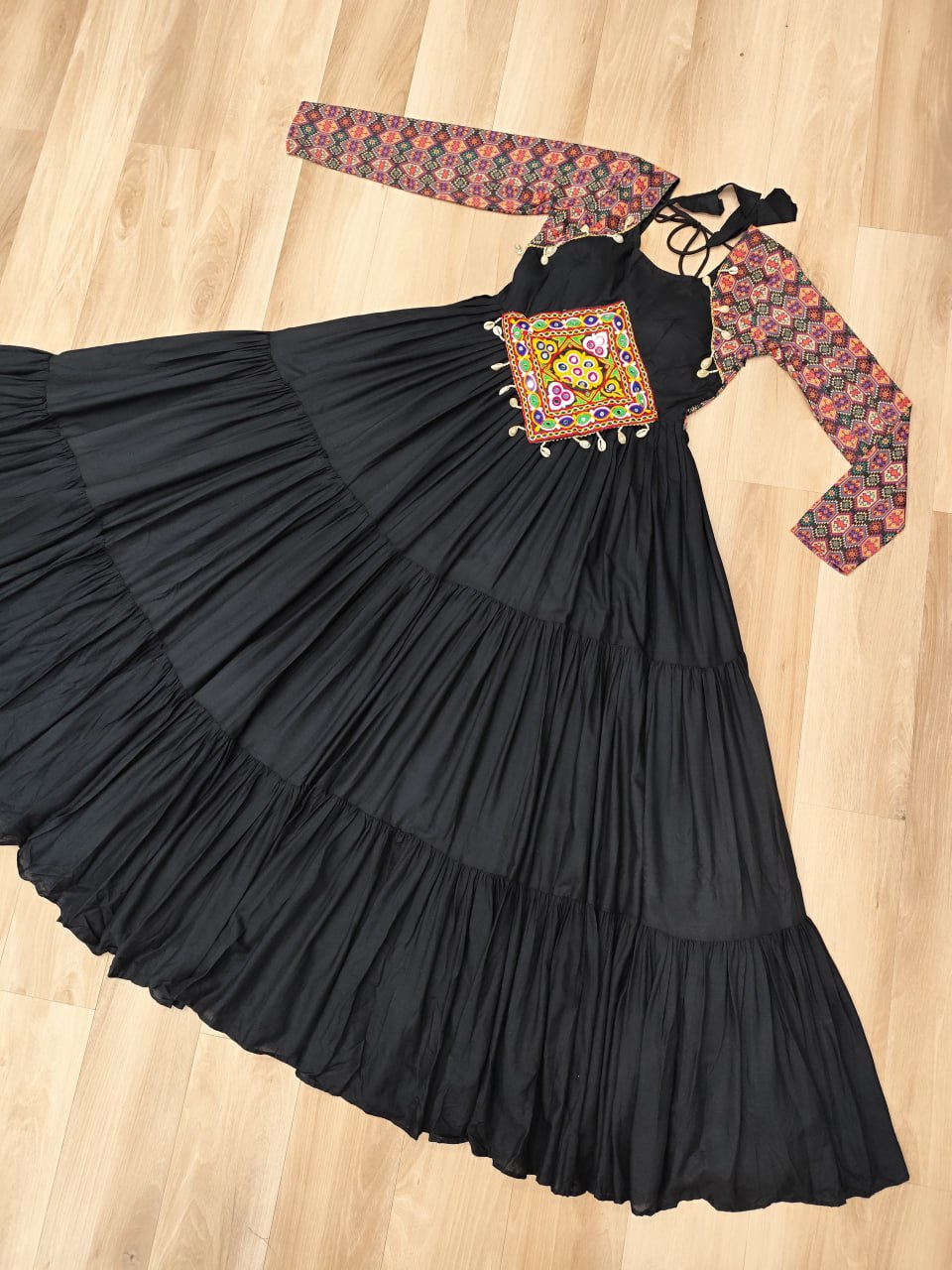 Black Navratri Special Gown with Kutchi Gamthi Embroidery – 3 Layer Frill & 12 Meter Flair