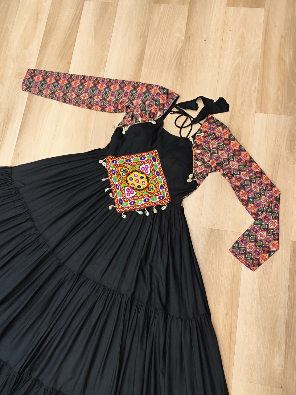 Black Navratri Special Gown with Kutchi Gamthi Embroidery – 3 Layer Frill & 12 Meter Flair