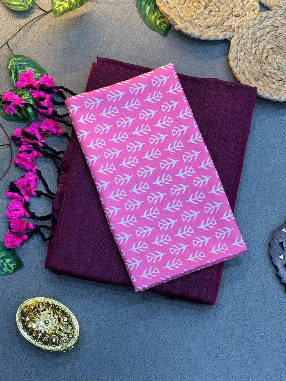 Violet Cotton Saree with Printed Blouse – Soft & Breathable Fabric