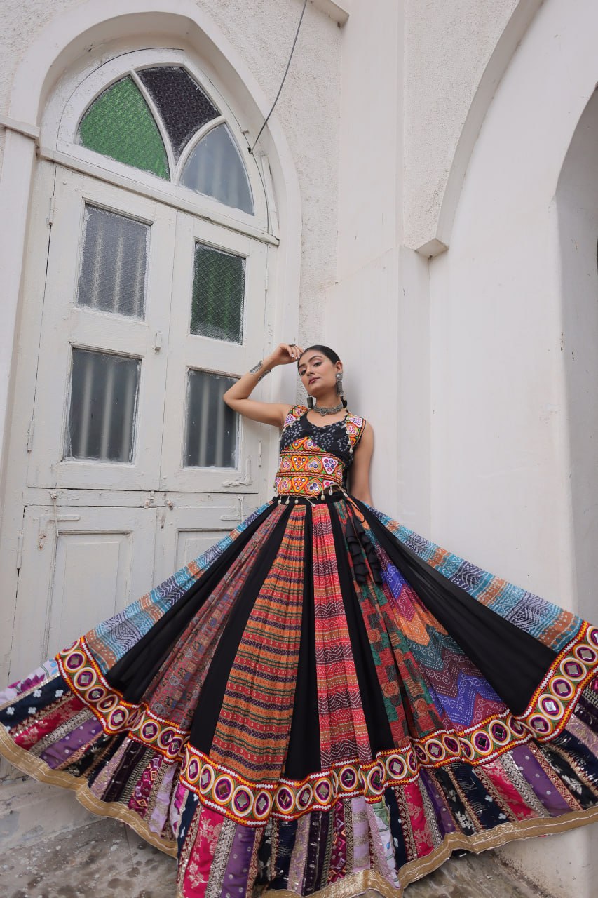 Multi Colour Designer Georgette Gamthi Embroidered Lehenga Set