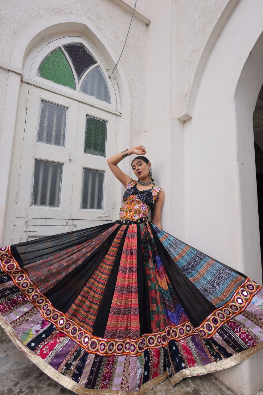 Multi Colour Designer Georgette Gamthi Embroidered Lehenga Set