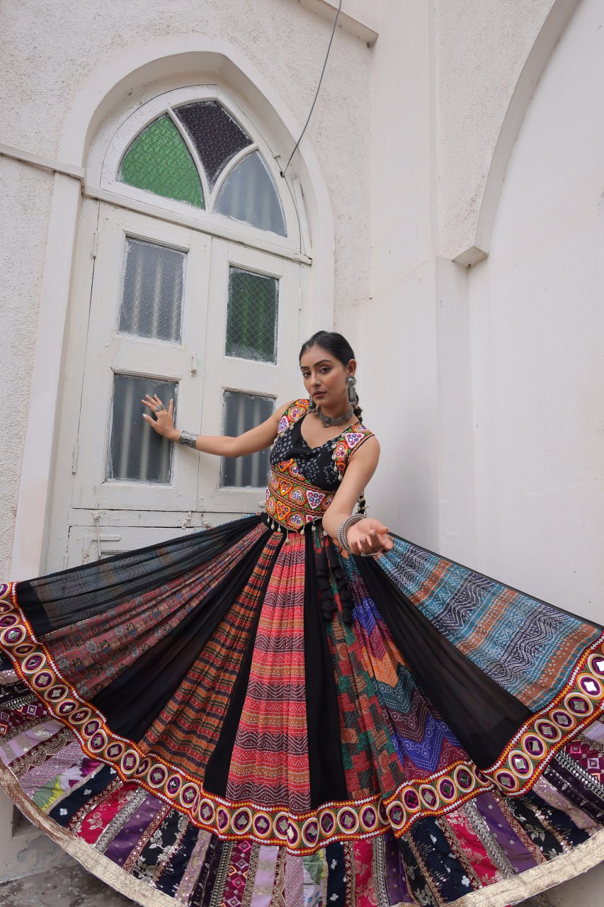 Multi Colour Designer Georgette Gamthi Embroidered Lehenga Set