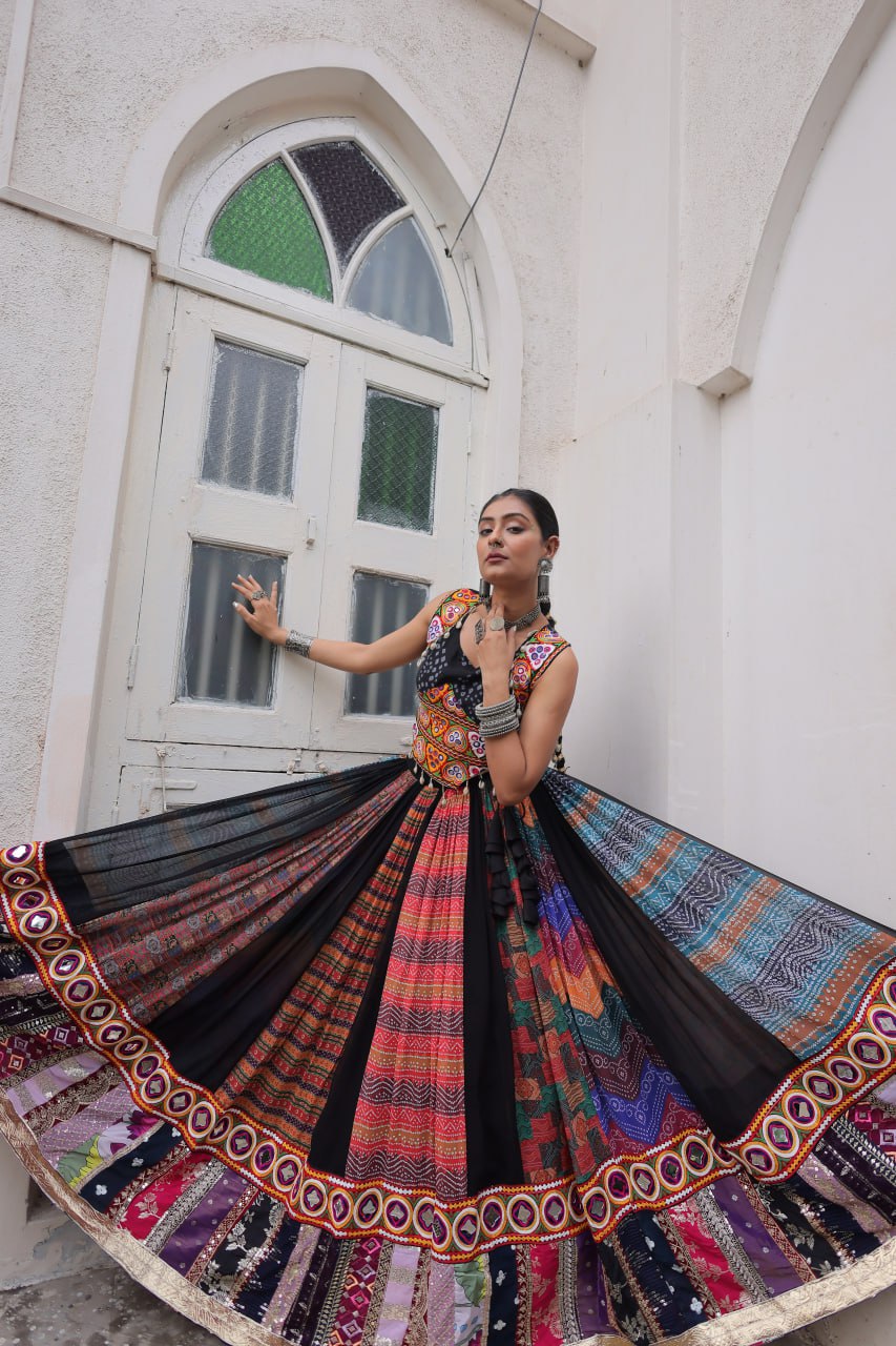 Multi Colour Designer Georgette Gamthi Embroidered Lehenga Set
