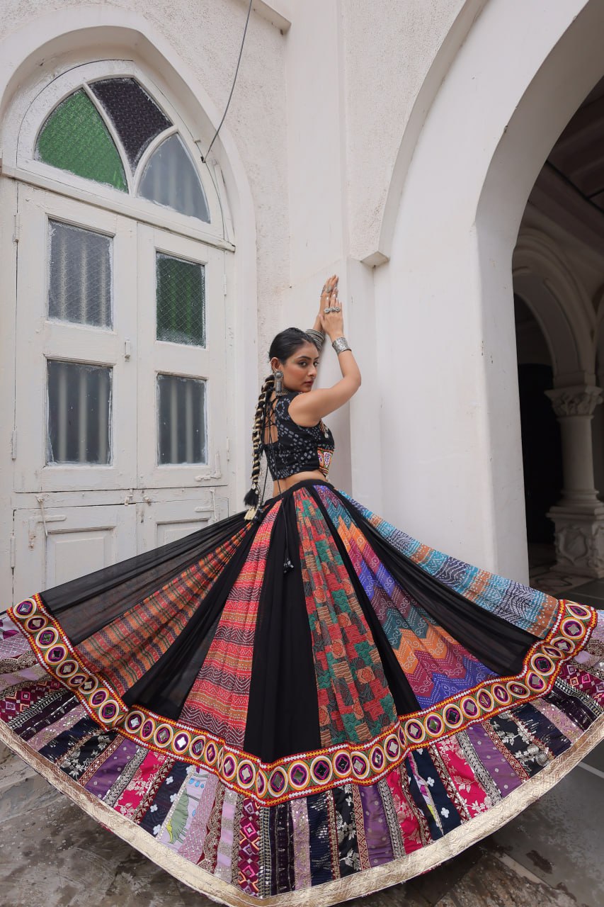 Multi Colour Designer Georgette Gamthi Embroidered Lehenga Set