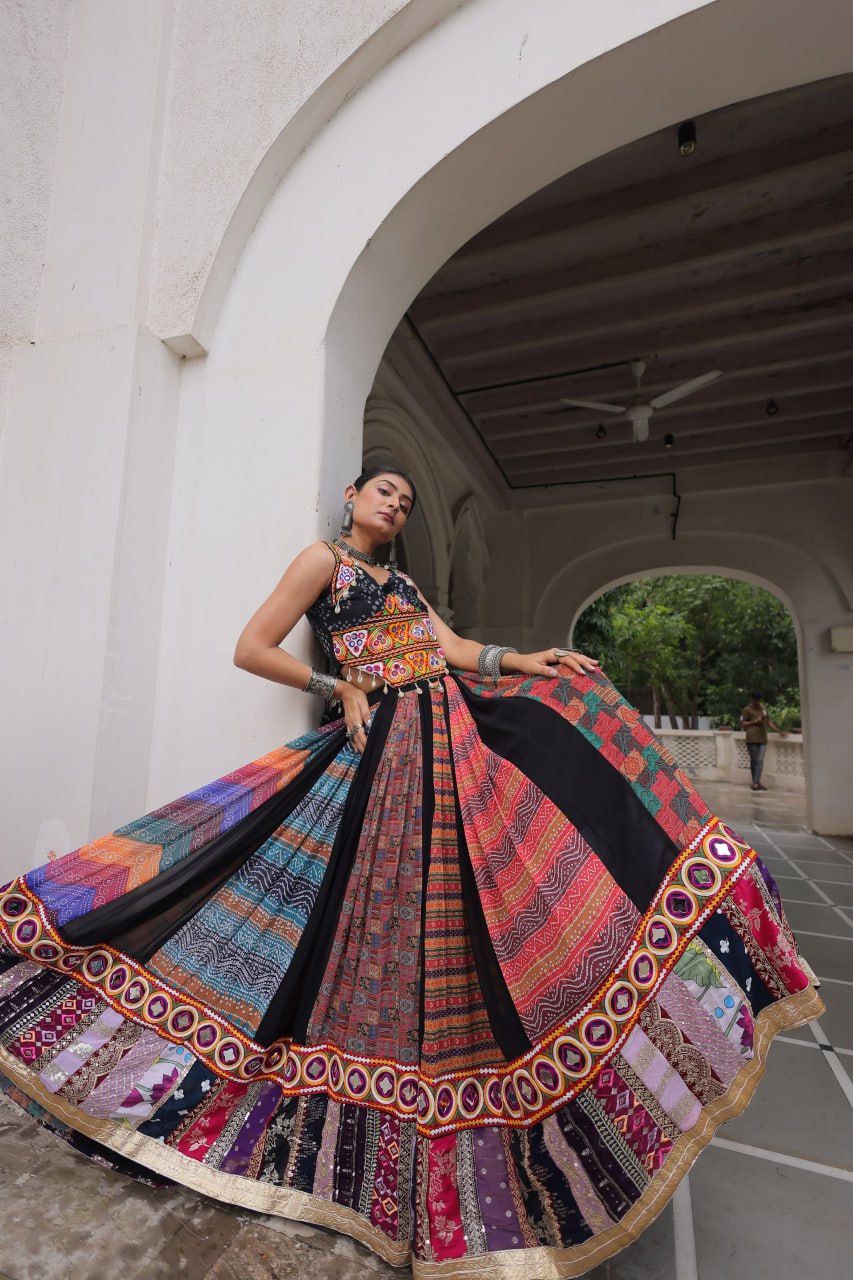 Multi Colour Designer Georgette Gamthi Embroidered Lehenga Set