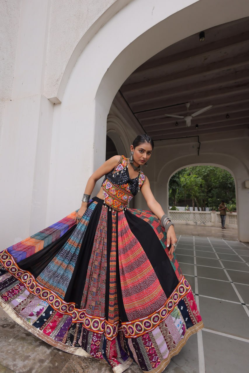 Multi Colour Designer Georgette Gamthi Embroidered Lehenga Set