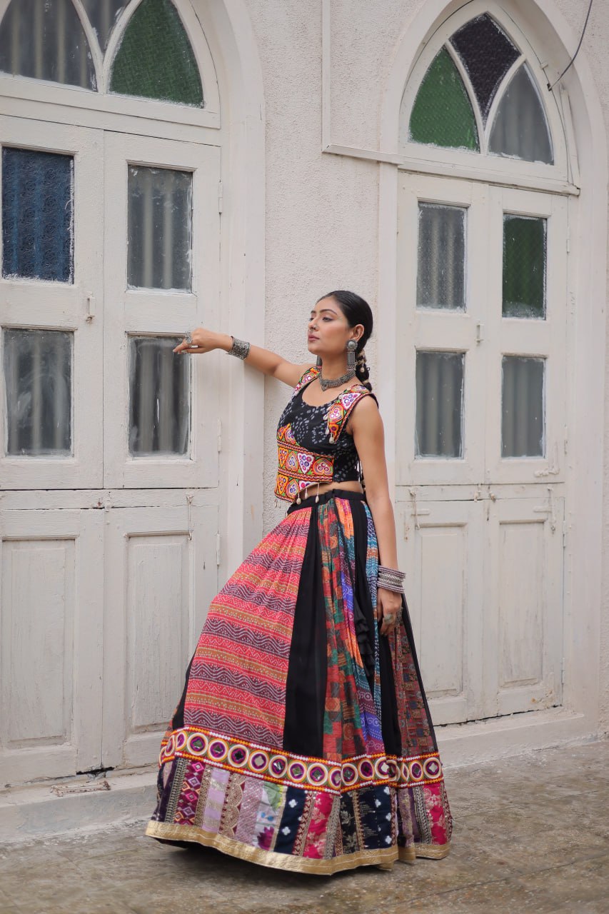 Multi Colour Designer Georgette Gamthi Embroidered Lehenga Set