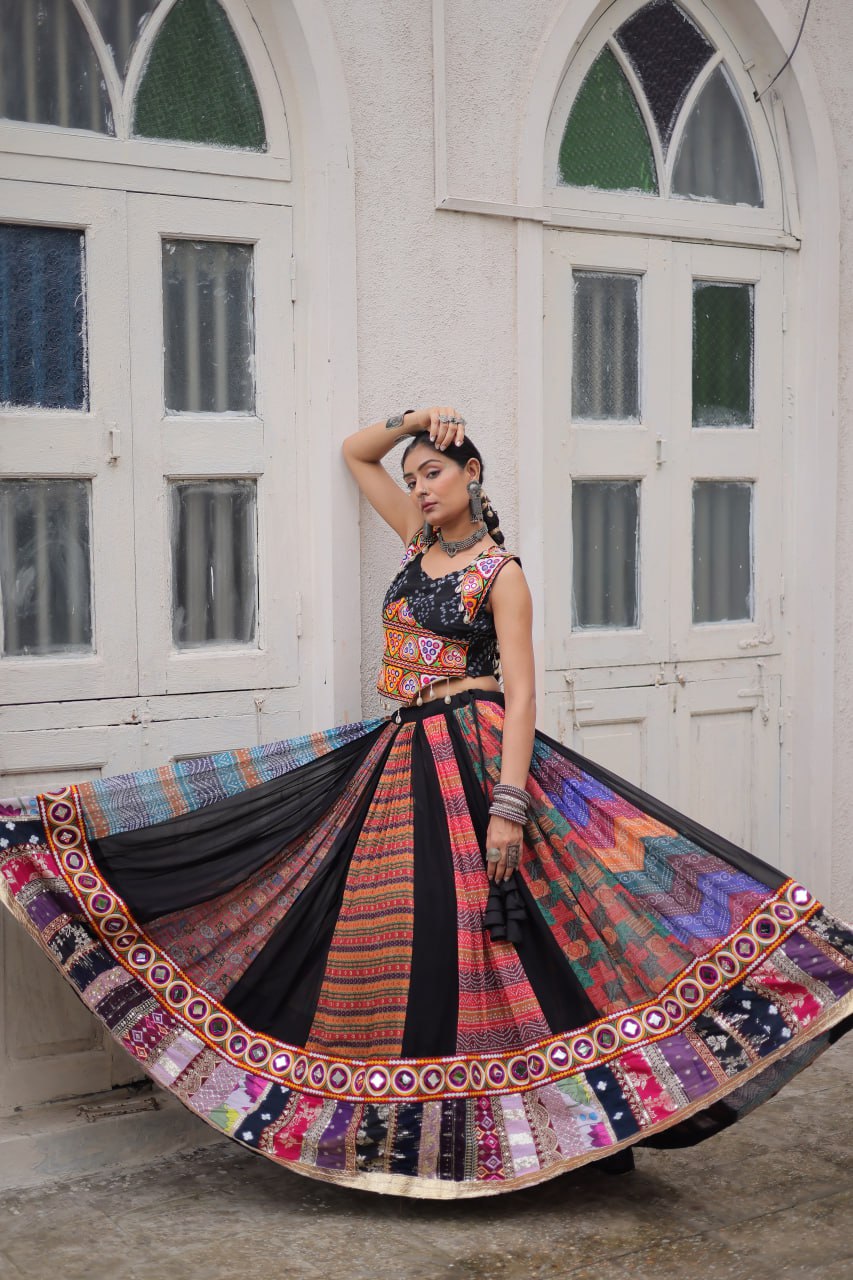 Multi Colour Designer Georgette Gamthi Embroidered Lehenga Set