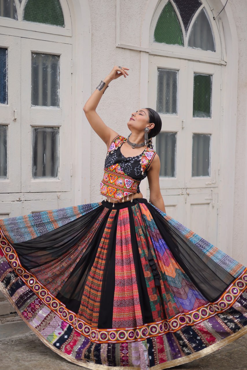 Multi Colour Designer Georgette Gamthi Embroidered Lehenga Set