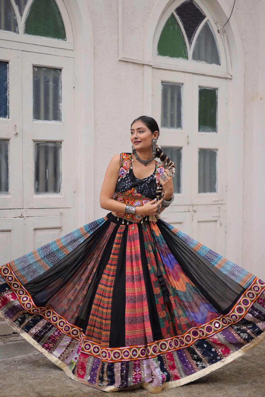 Multi Colour Designer Georgette Gamthi Embroidered Lehenga Set