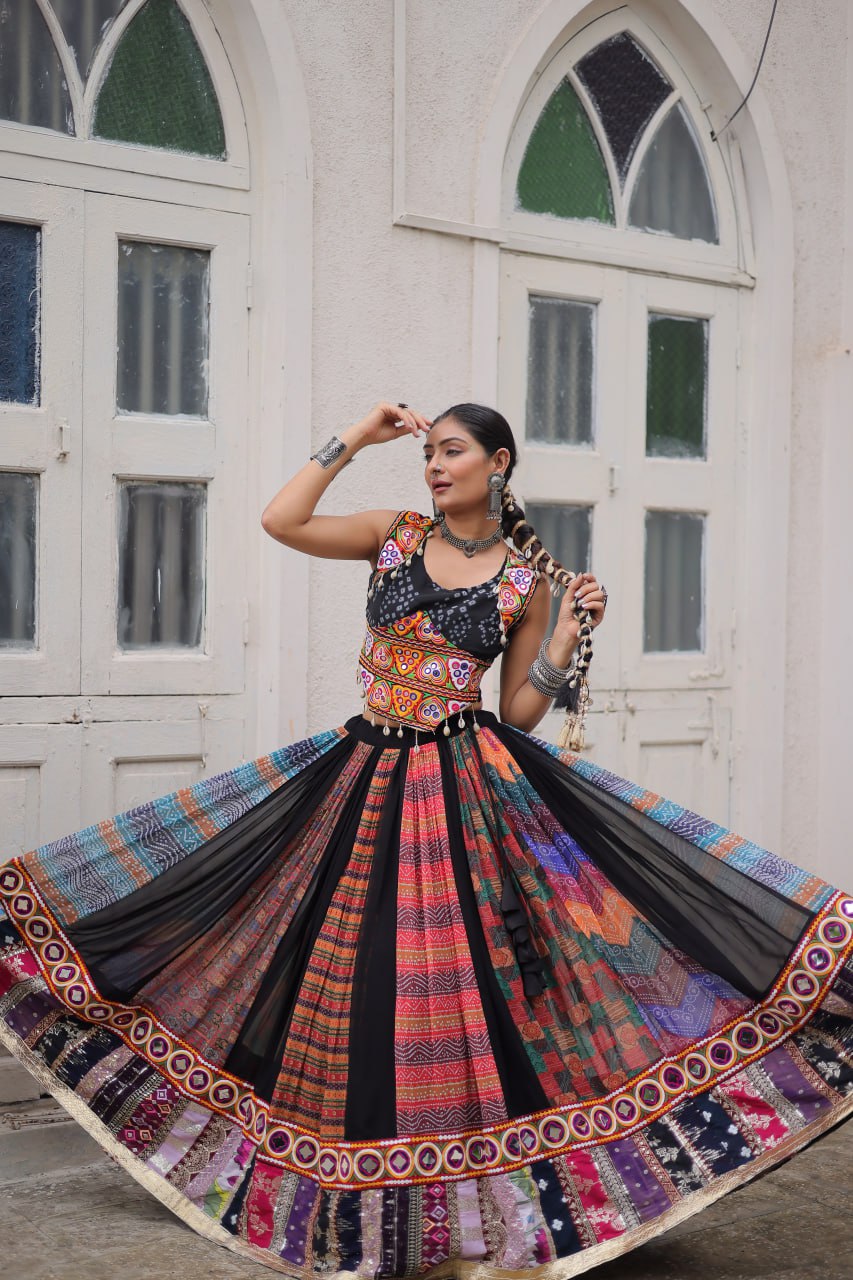 Multi Colour Designer Georgette Gamthi Embroidered Lehenga Set