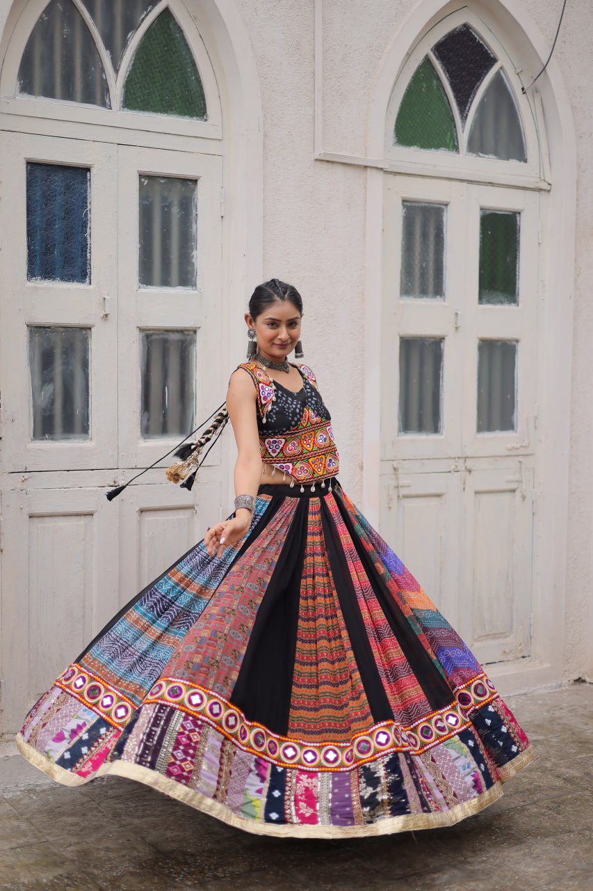 Multi Colour Designer Georgette Gamthi Embroidered Lehenga Set