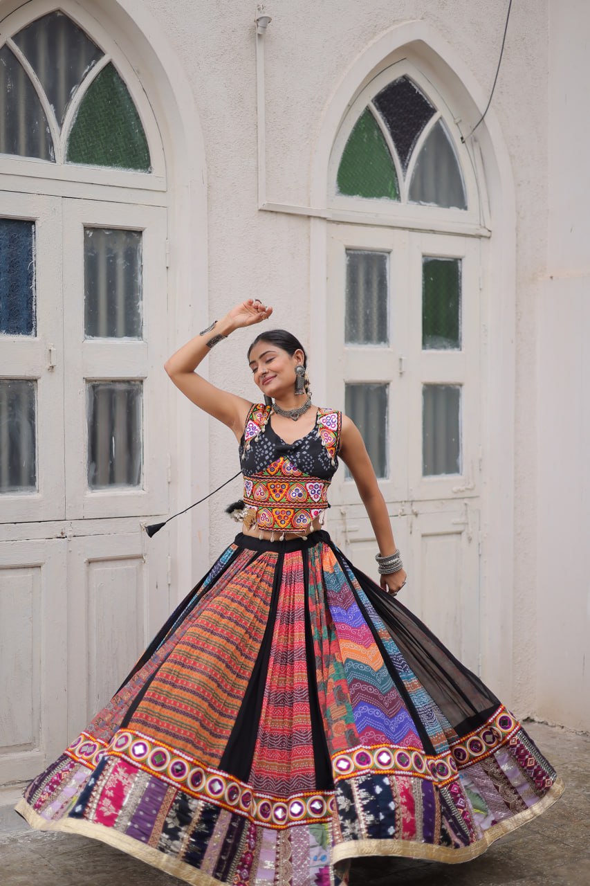 Multi Colour Designer Georgette Gamthi Embroidered Lehenga Set