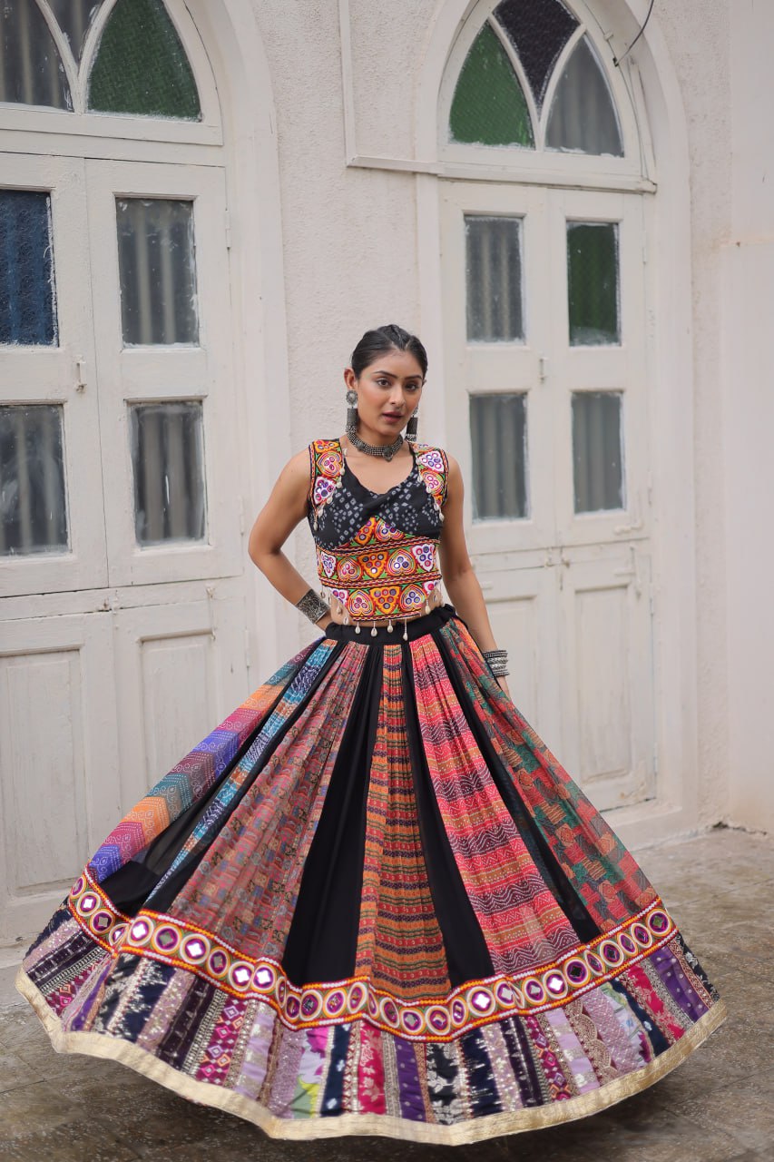 Multi Colour Designer Georgette Gamthi Embroidered Lehenga Set