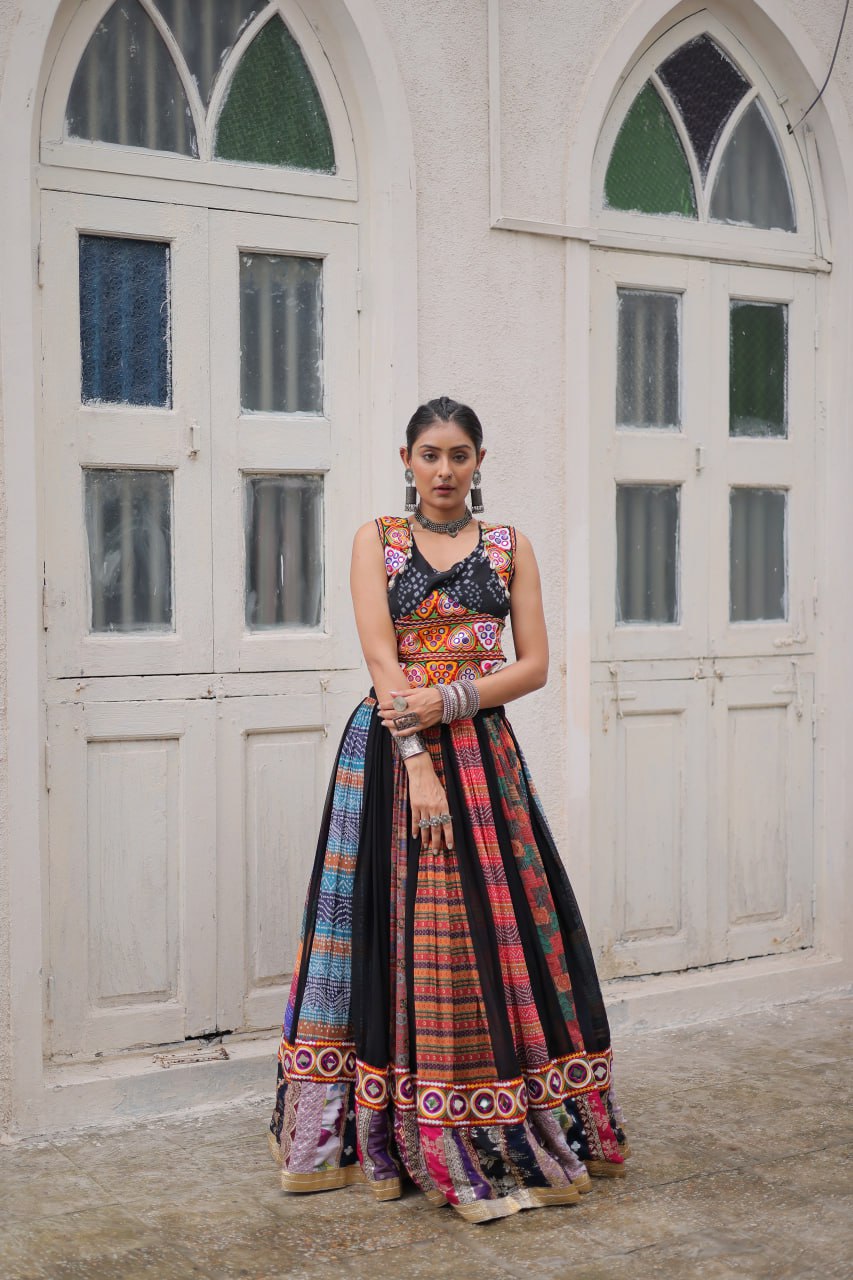 Multi Colour Designer Georgette Gamthi Embroidered Lehenga Set