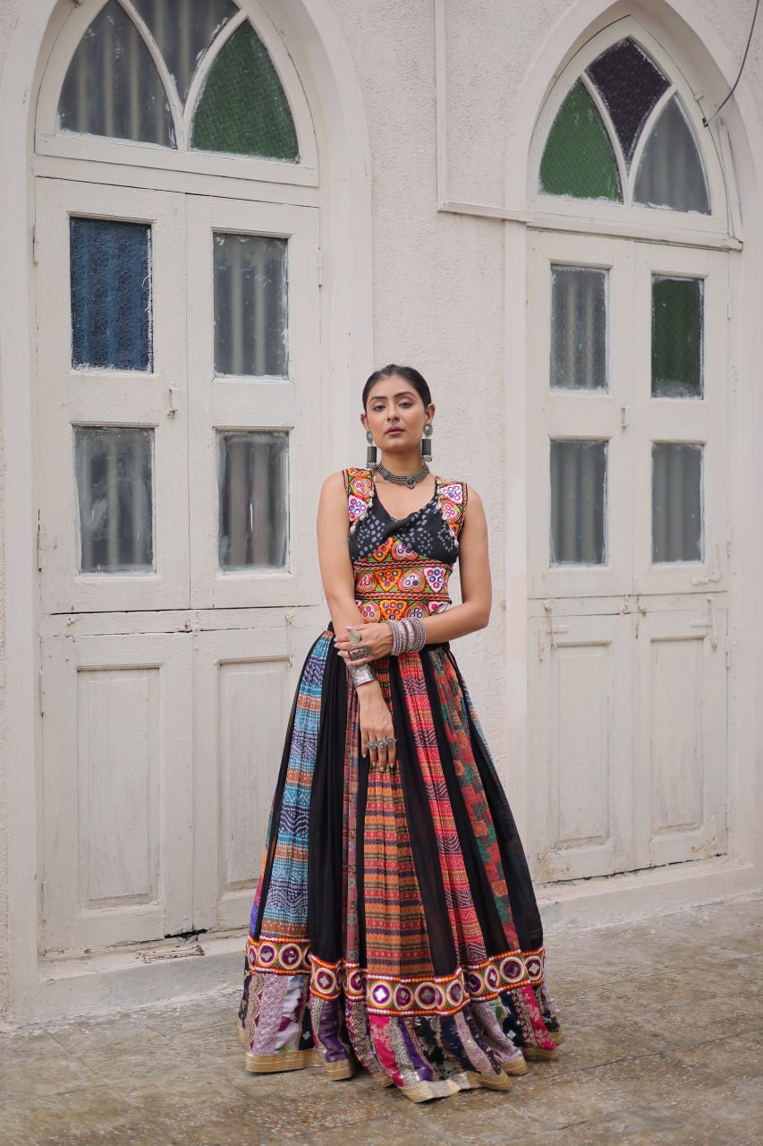 Multi Colour Designer Georgette Gamthi Embroidered Lehenga Set