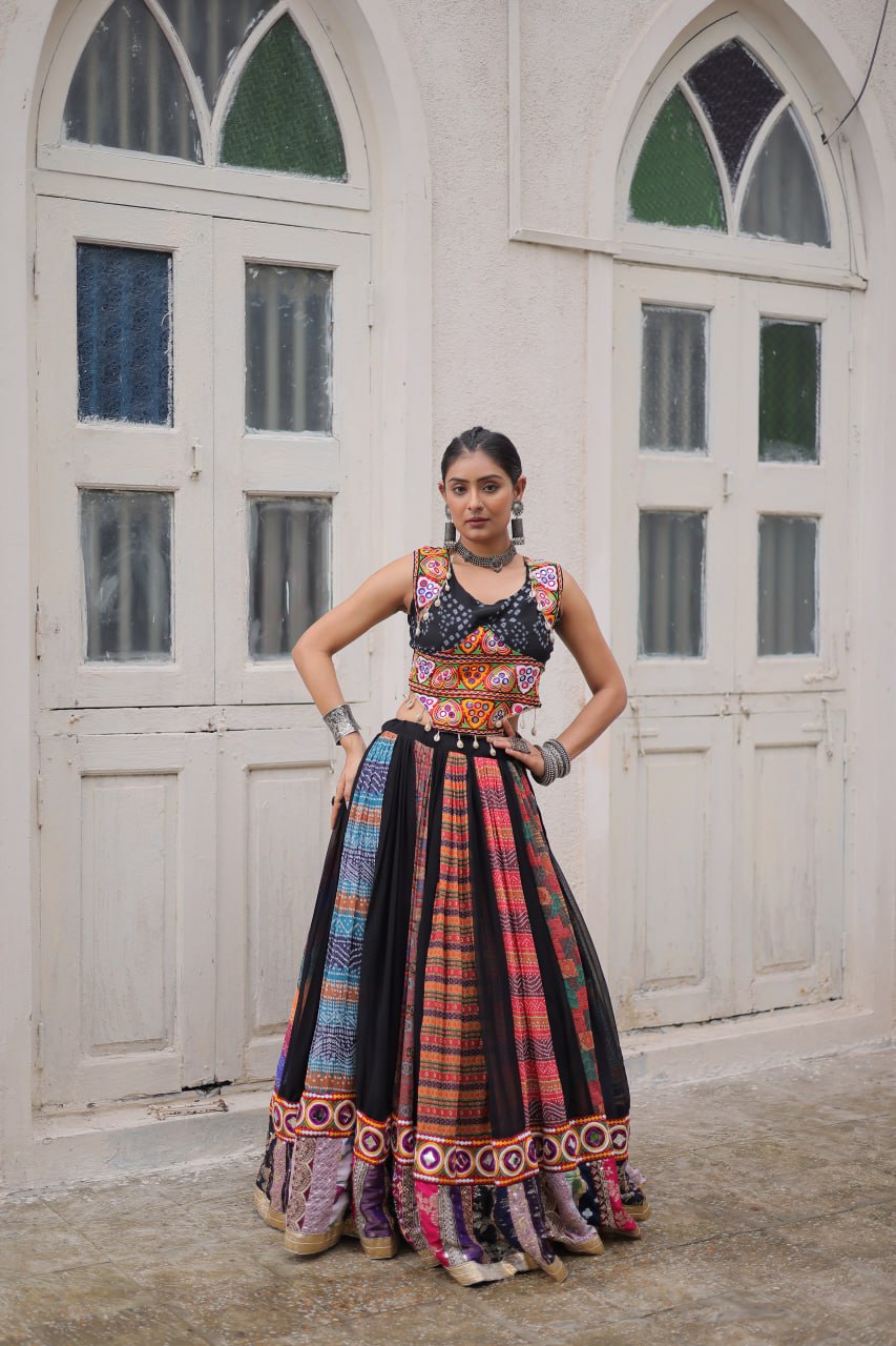 Multi Colour Designer Georgette Gamthi Embroidered Lehenga Set