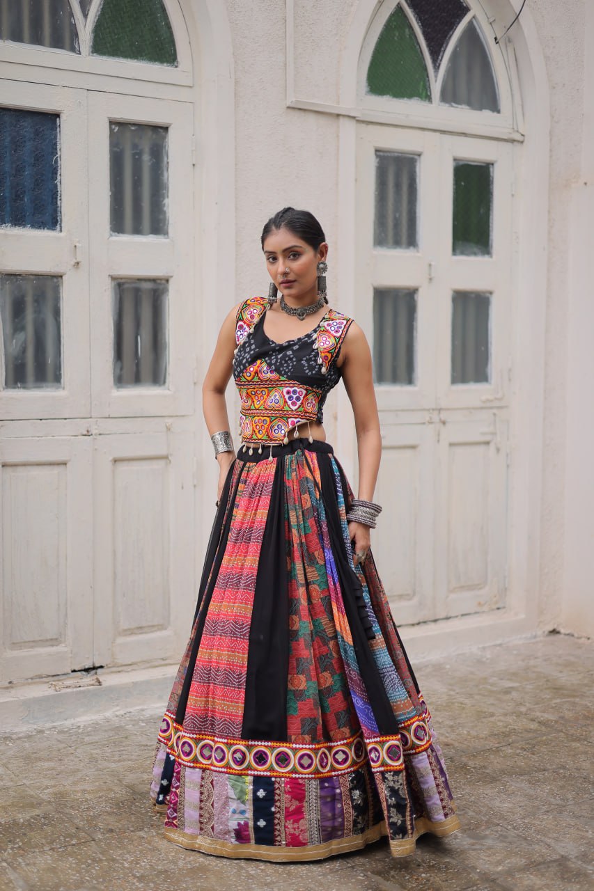 Multi Colour Designer Georgette Gamthi Embroidered Lehenga Set