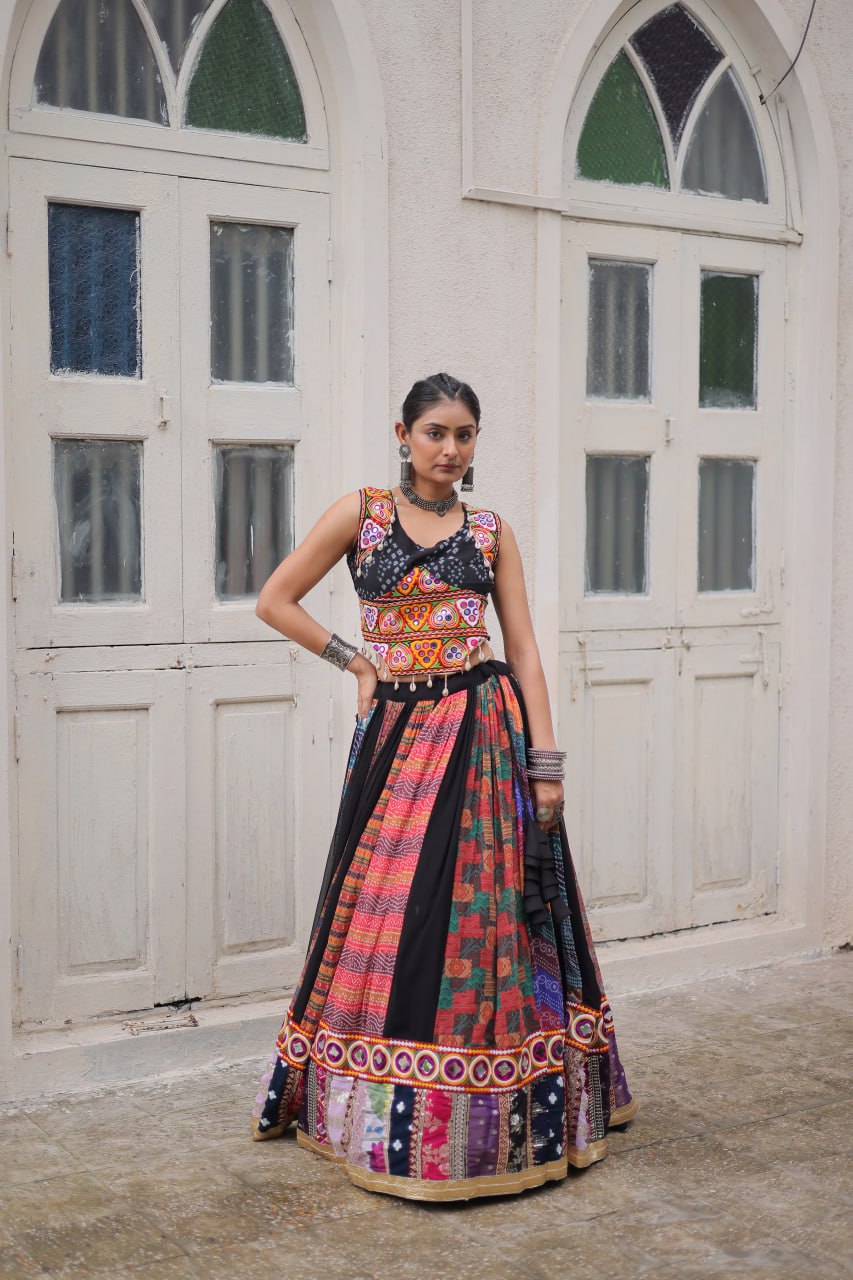 Multi Colour Designer Georgette Gamthi Embroidered Lehenga Set