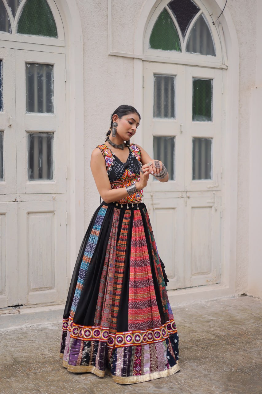 Multi Colour Designer Georgette Gamthi Embroidered Lehenga Set