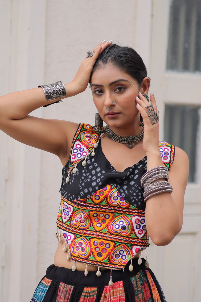 Multi Colour Designer Georgette Gamthi Embroidered Lehenga Set