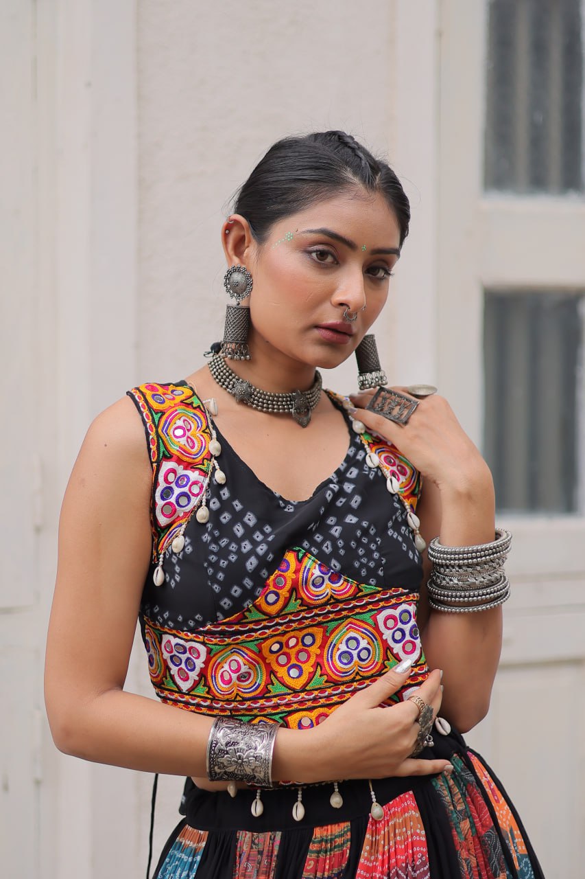Multi Colour Designer Georgette Gamthi Embroidered Lehenga Set