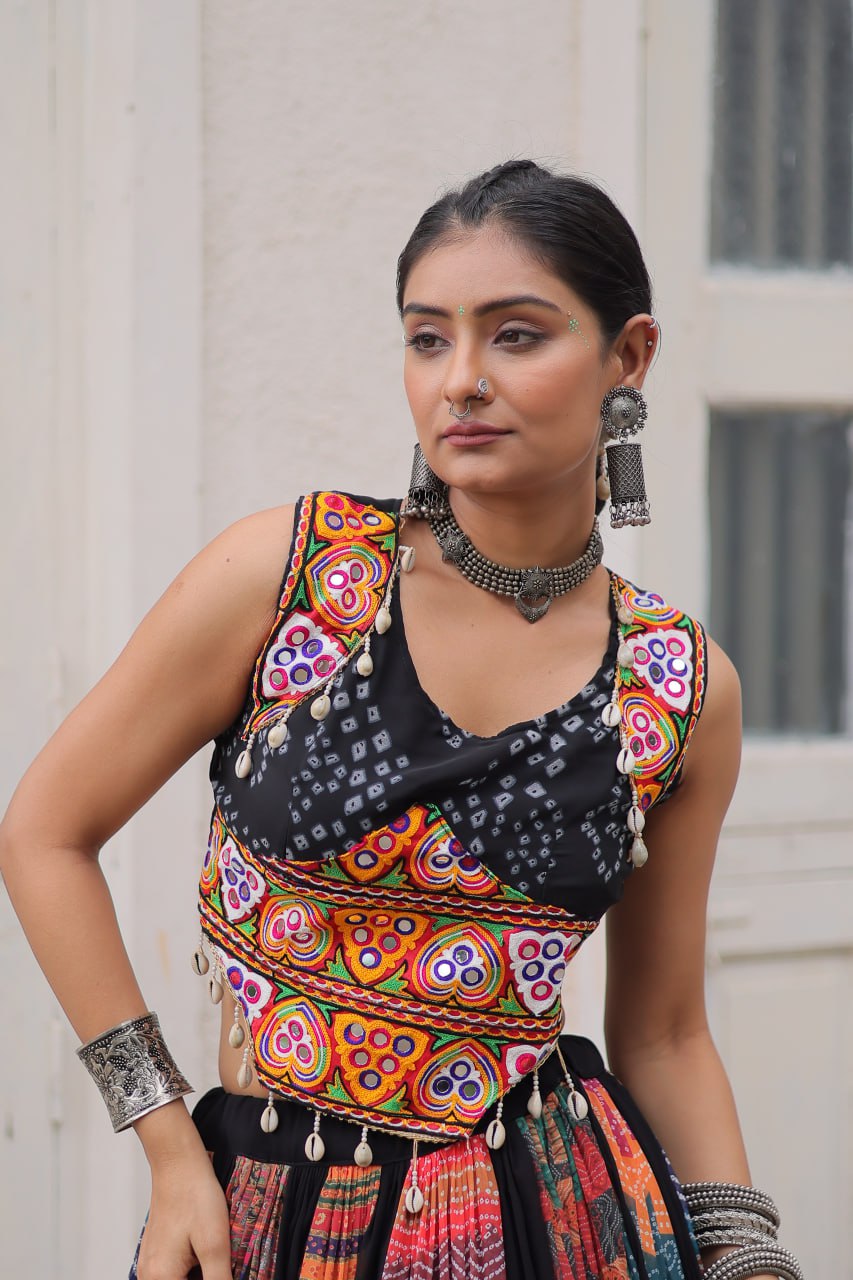 Multi Colour Designer Georgette Gamthi Embroidered Lehenga Set