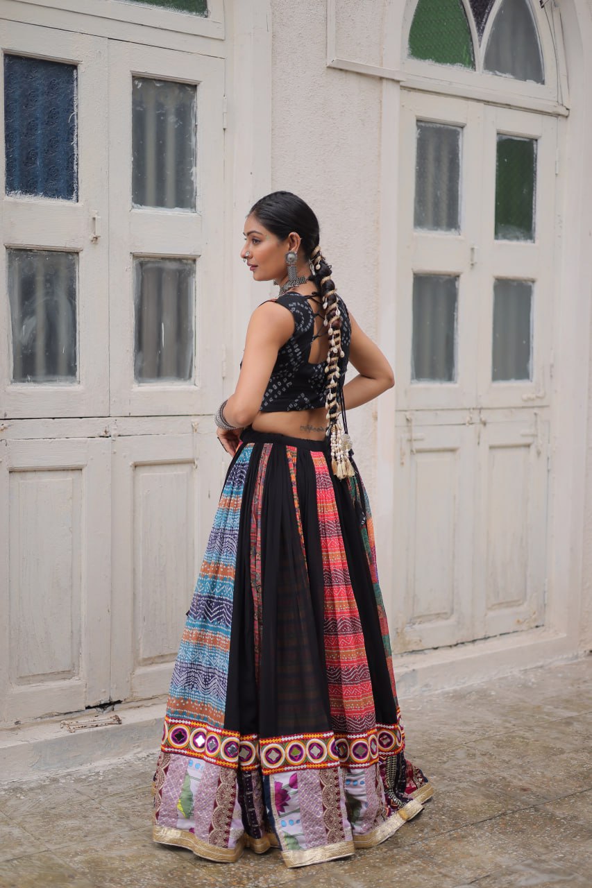Multi Colour Designer Georgette Gamthi Embroidered Lehenga Set